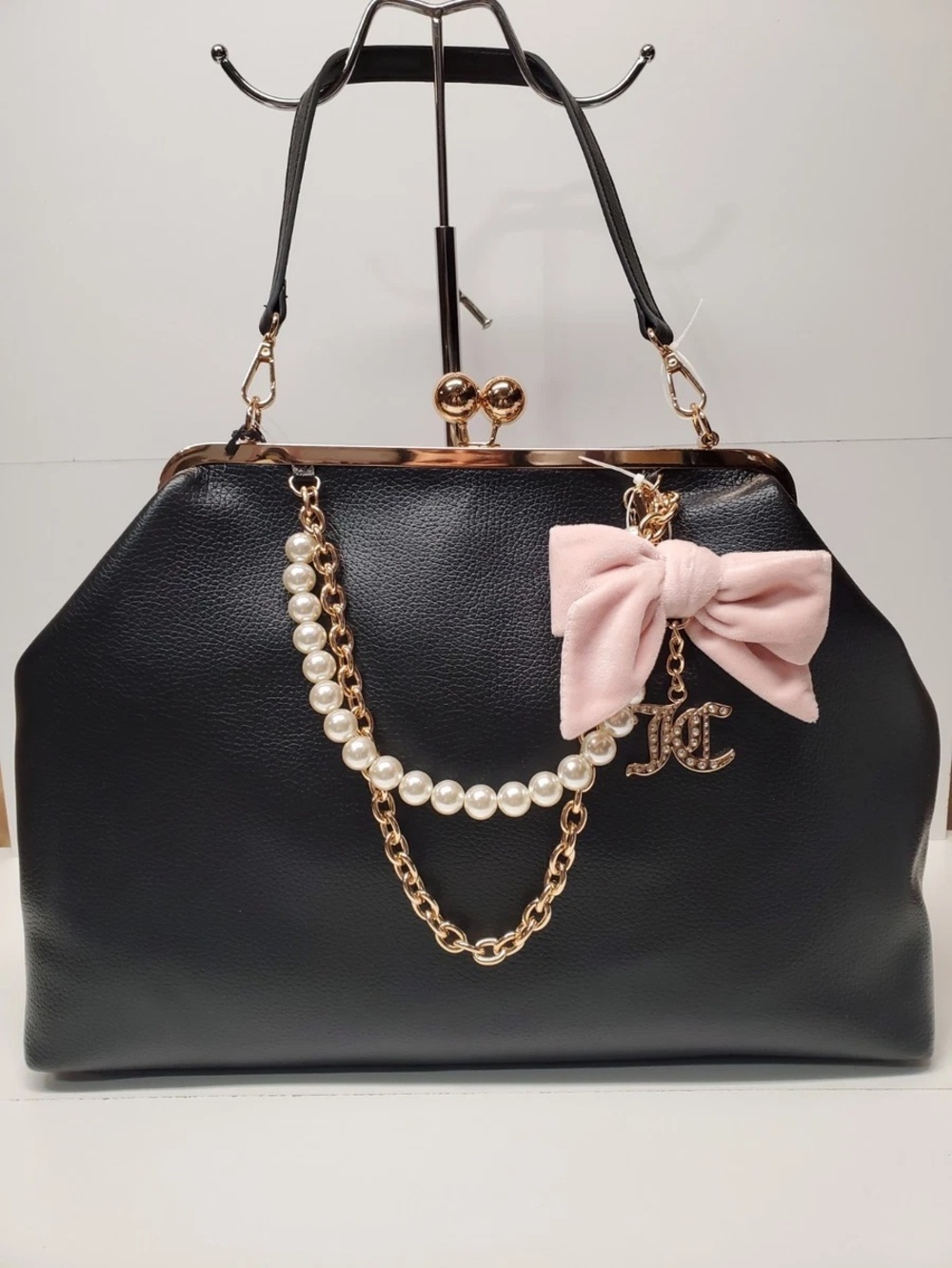 Juicy Couture Black Satchel with Pink Bow Charm and Gold Frame - Picture 2 of 6